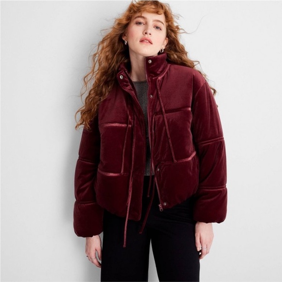 Women's Holiday Velvet Bow-Tie Puffer Jacket - Future Collective Burgundy XL - Picture 2 of 4